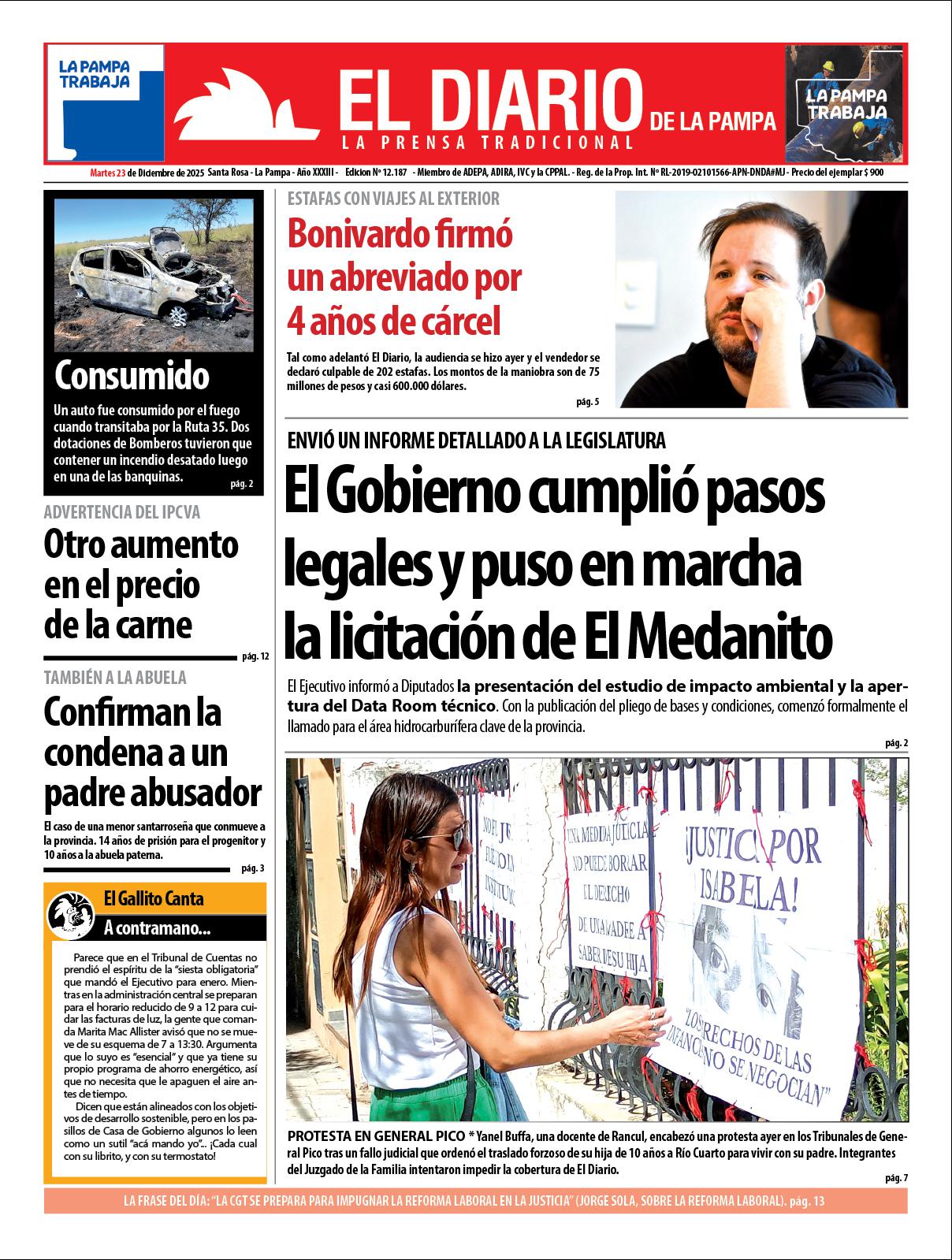 Tapa de El Diario en papel  martes 23 de diciembre de 2025